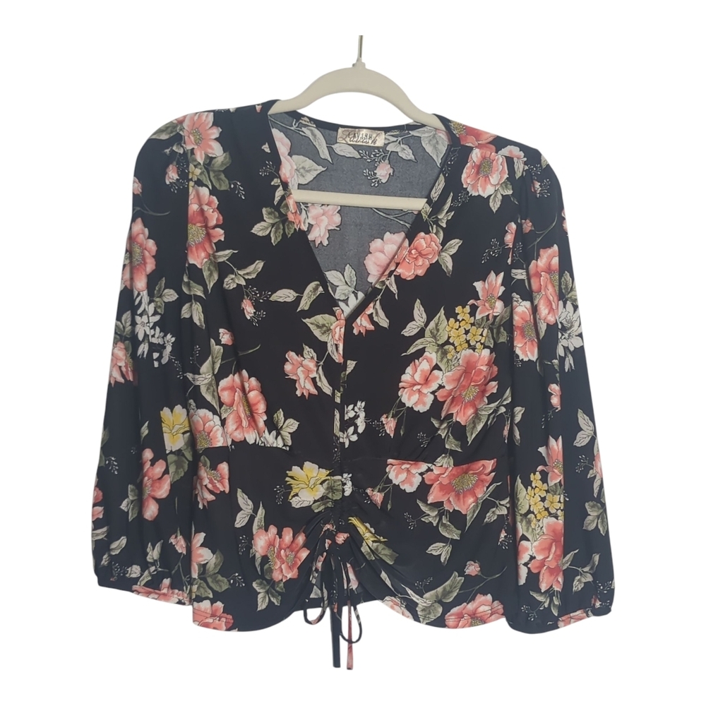 Lavish Medium Black Floral Blouse with Front Cinch Tie, Cottage Preppy Casual